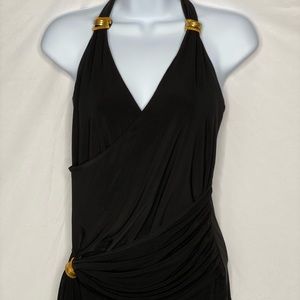 CACHE BLACK SURPLICE HALTER TOP WITH GOLD ACCENTS